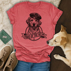 Red t-shirt with a dog wearing a captain's hat and "Paws of the Helm" text.