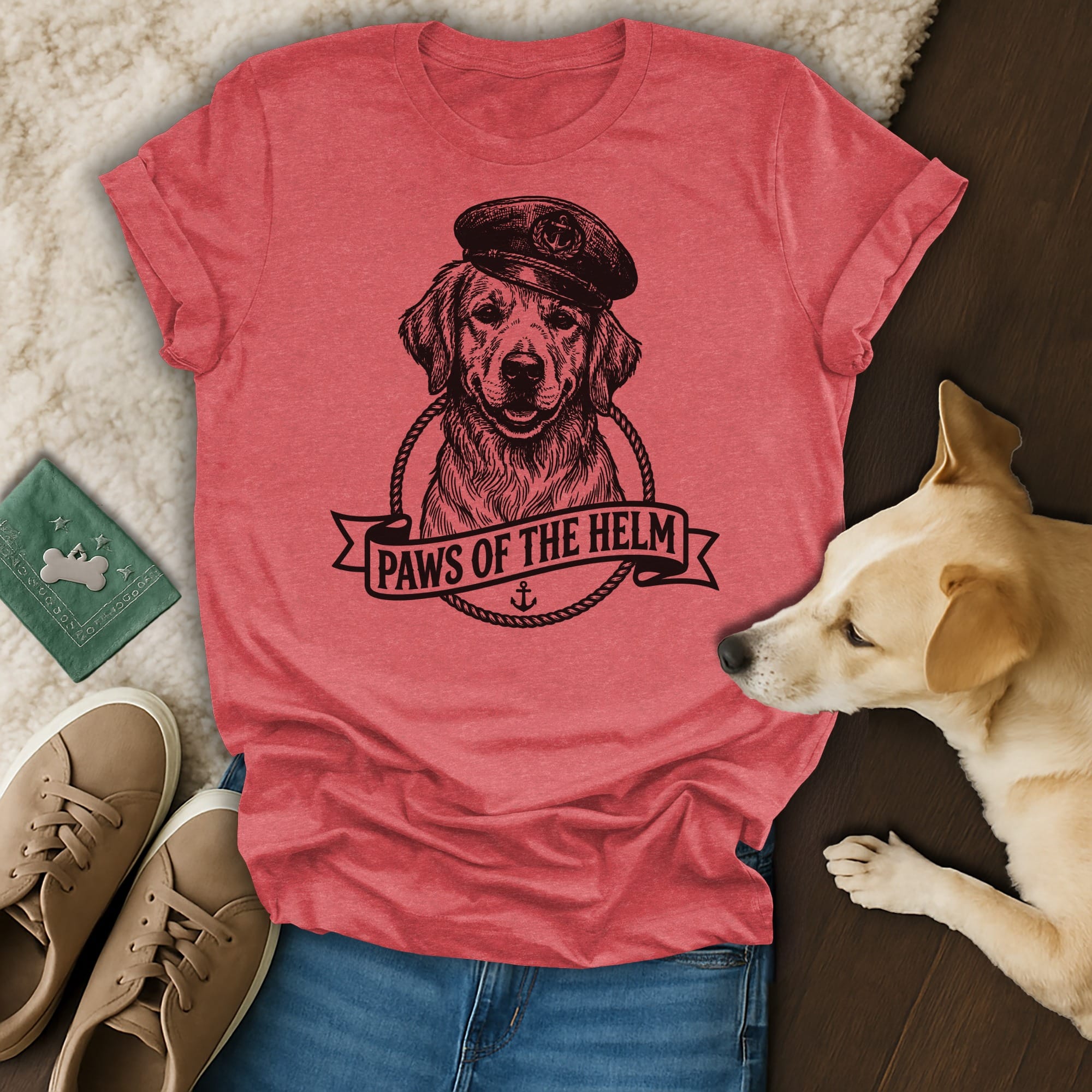 Red t-shirt with a dog wearing a captain's hat and "Paws of the Helm" text.