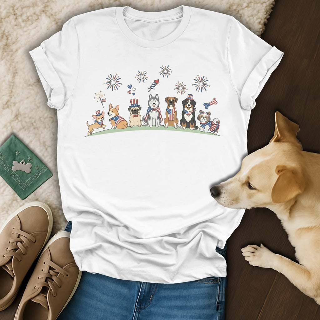 White t-shirt featuring cartoon dogs celebrating with fireworks, wearing patriotic accessories.
