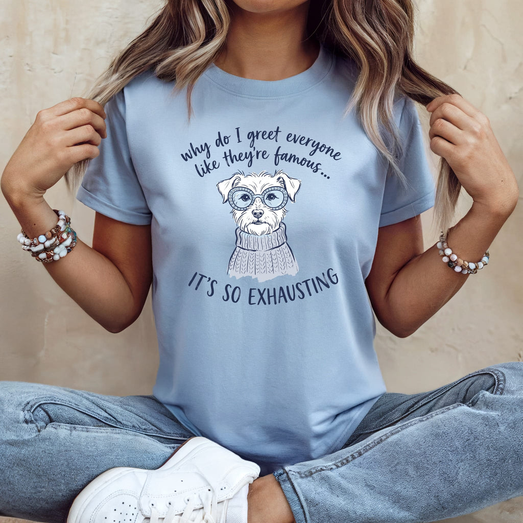 Light blue t-shirt with a dog wearing glasses and a sweater and text.