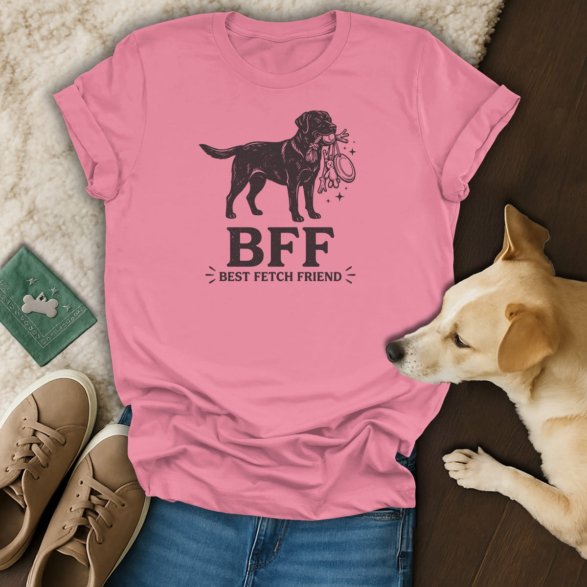 Pink t-shirt with a black dog graphic and text "BFF BEST FETCH FRIEND".