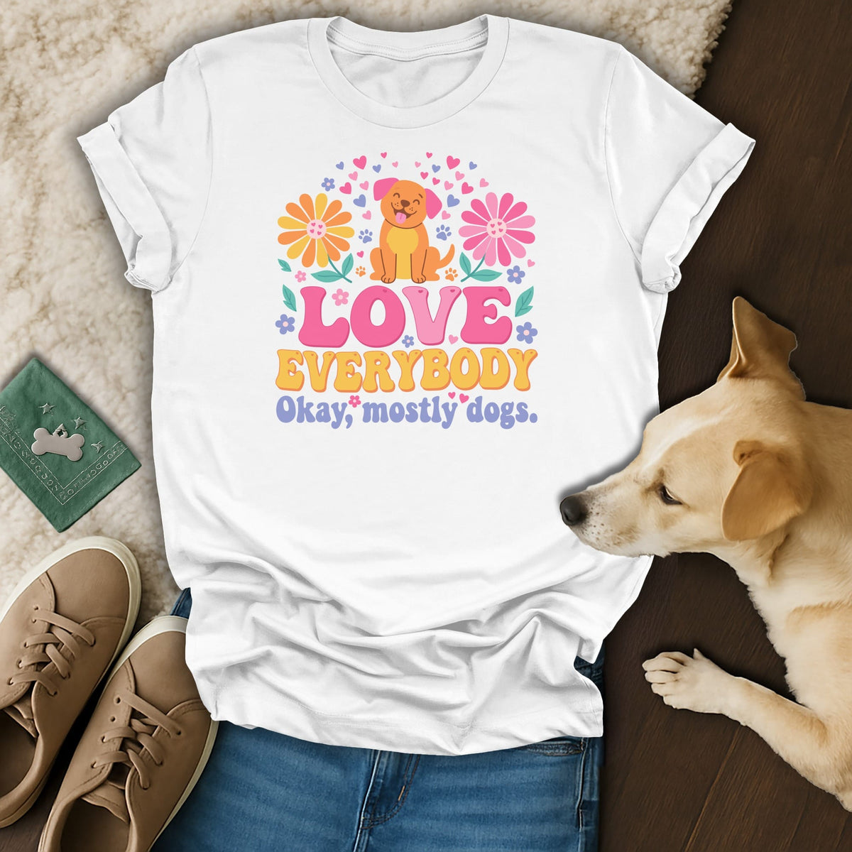 White t-shirt with "Love Everybody Okay, mostly dogs" text and a cartoon dog.