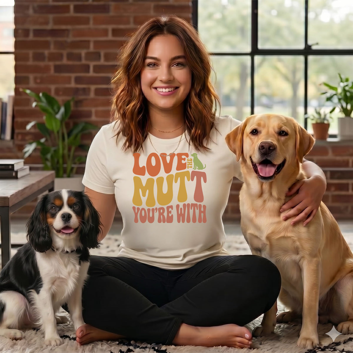 Woman in cream t-shirt with "LOVE THE MUTT YOU'RE WITH" text and two dogs.