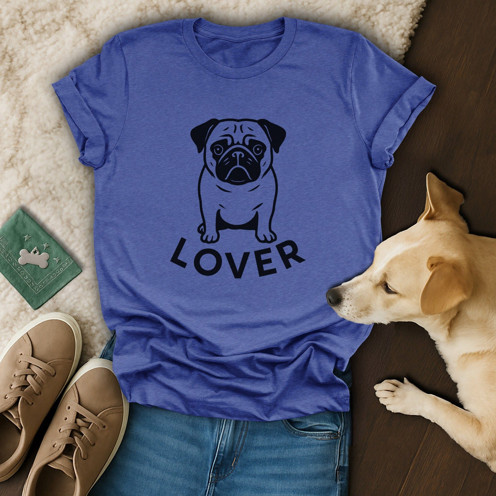 Cute Pug Illustration with Lover Text on T-shirt
