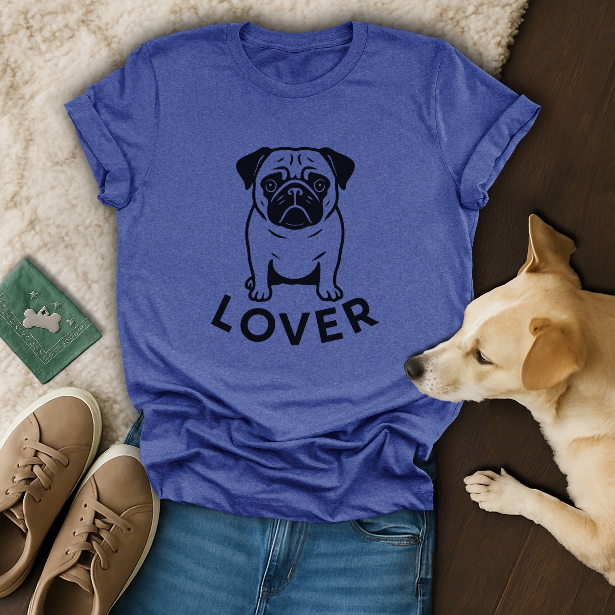 Cute Pug Illustration with Lover Text on T-shirt
