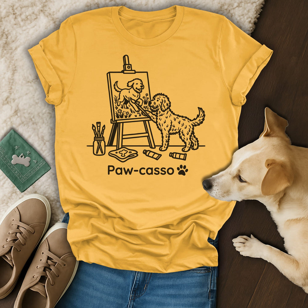 Yellow t-shirt with a drawing of a dog painting a dog.