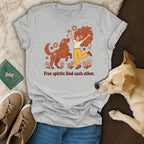 T-shirt with graphic of woman and dog, text "Free spirits find each other."