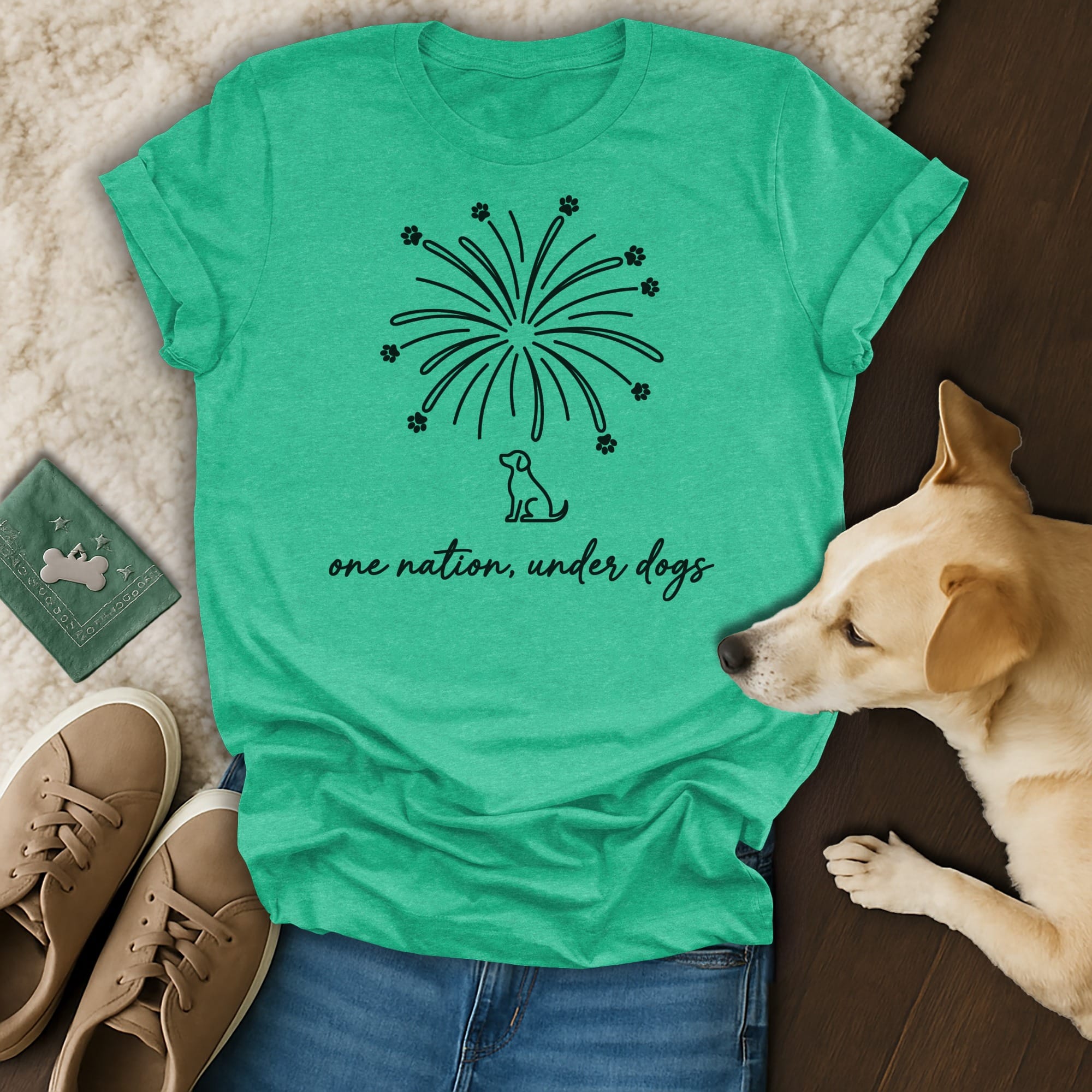 Green t-shirt with fireworks and "one nation, under dogs" text.