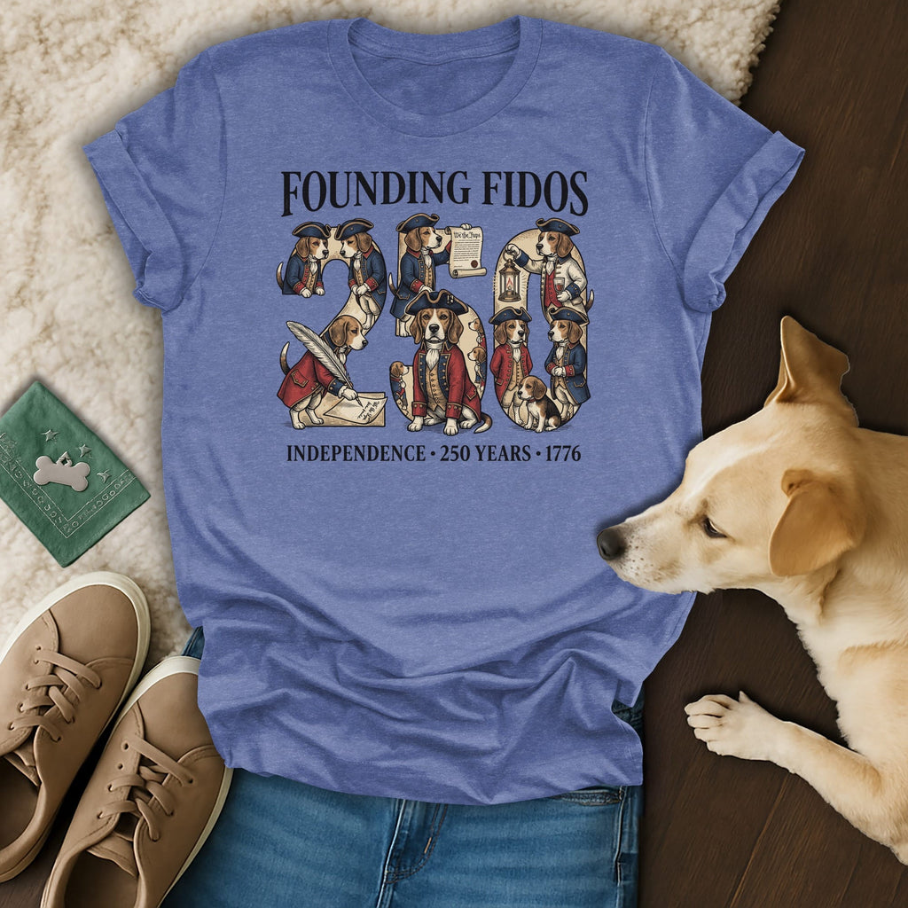 Blue t-shirt with "Founding Fidos" and historical dog illustrations.