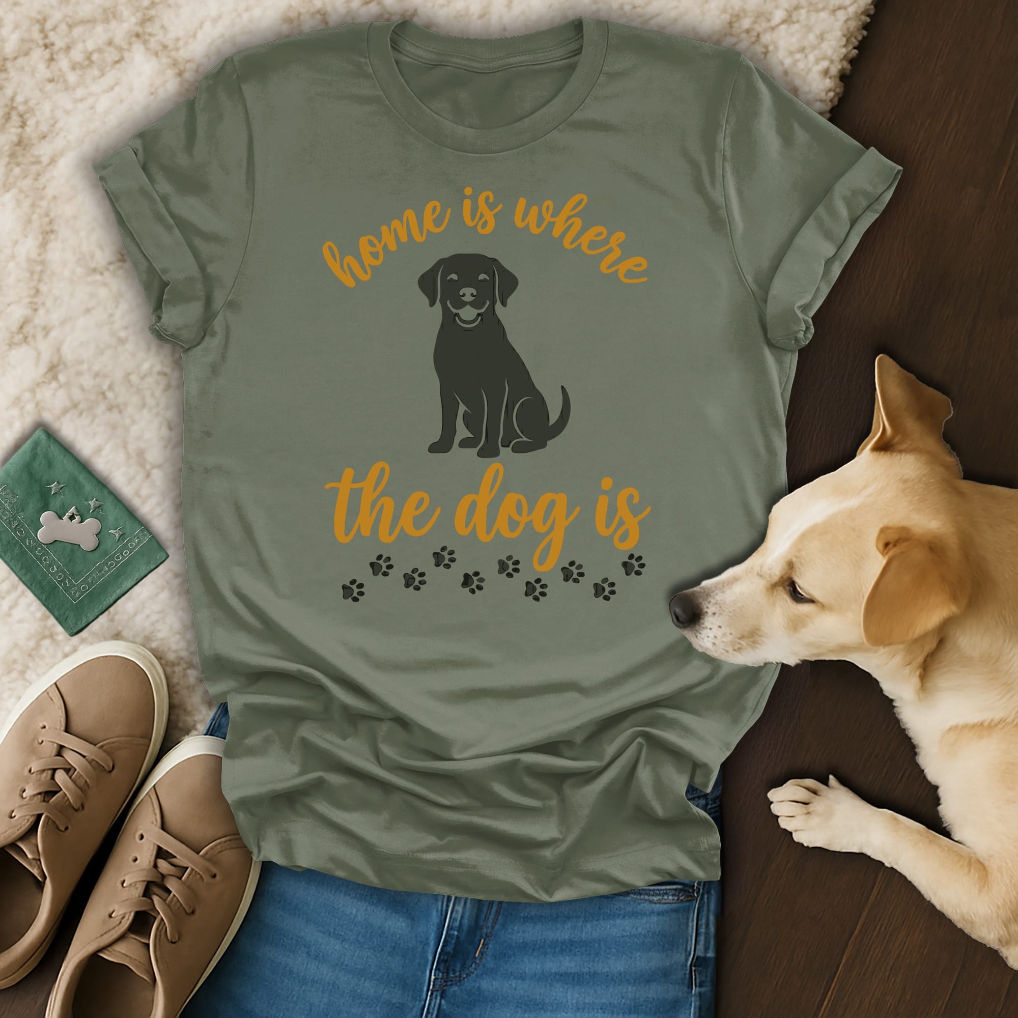 Olive t-shirt with black dog silhouette and "home is where the dog is" text.