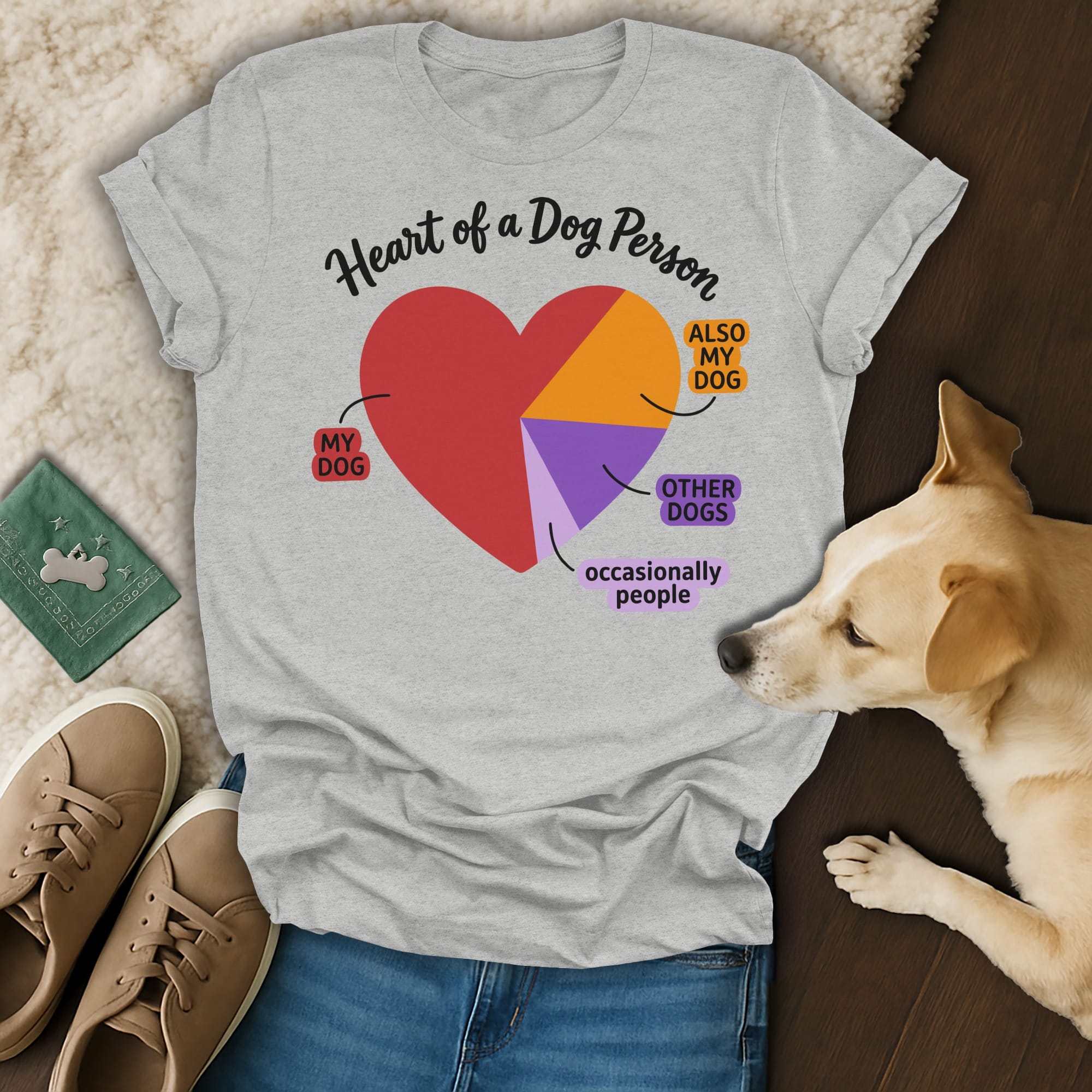 Gray t-shirt with "Heart of a Dog Person" and pie chart indicating love for dogs.
