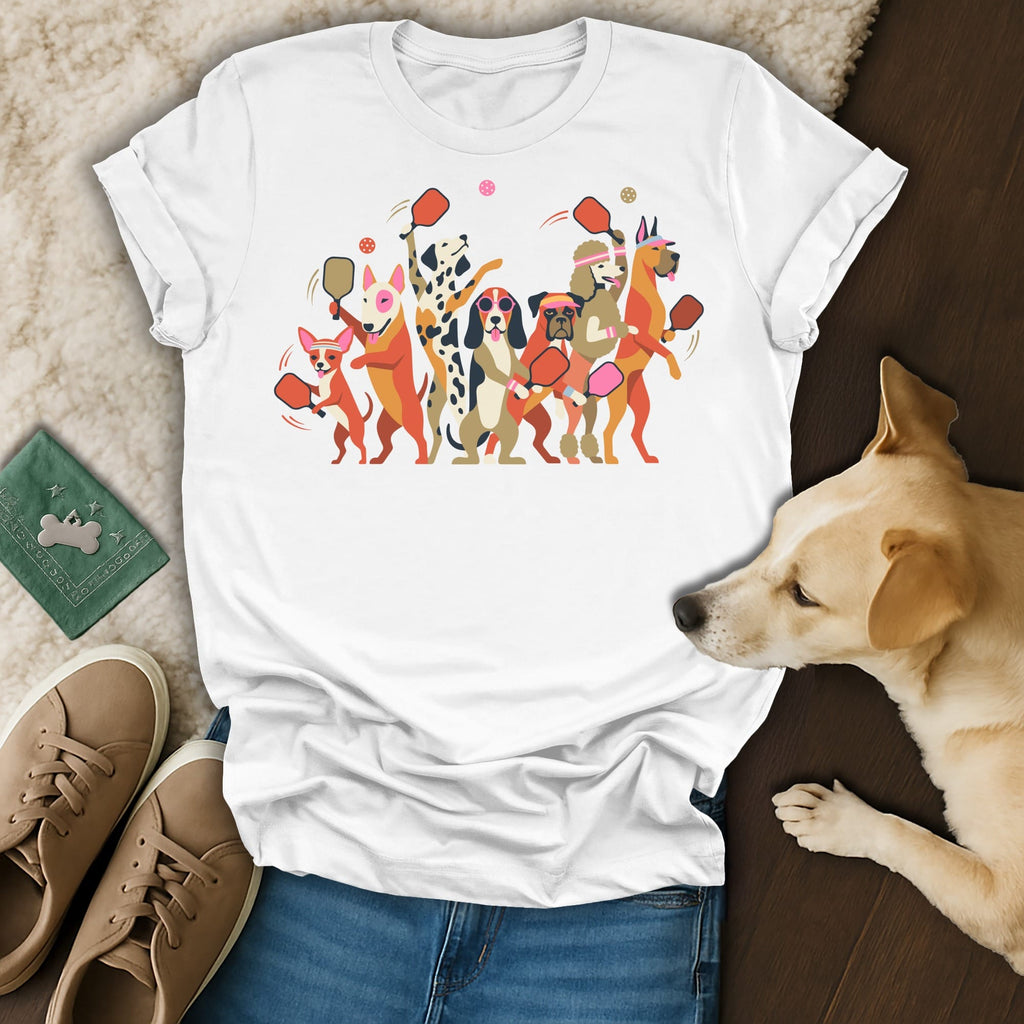 White t-shirt with cartoon dogs playing pickleball, some wearing headbands and sunglasses.