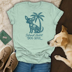Light green t-shirt with teal "Island Heart DOG SOUL" text and dog graphic.