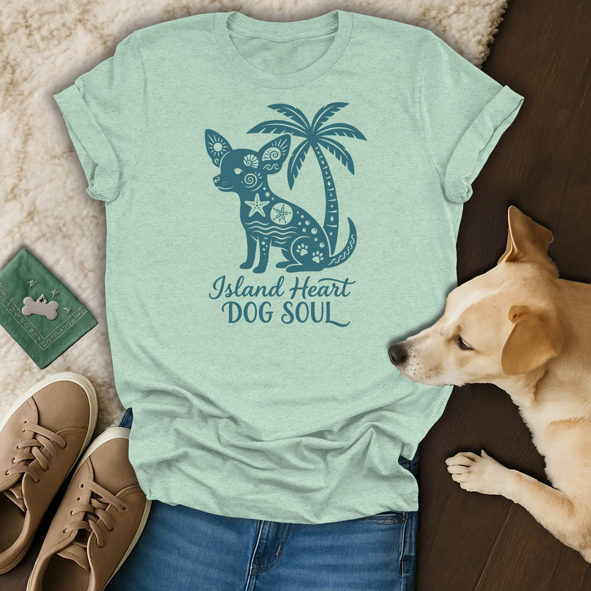 Light green t-shirt with teal "Island Heart DOG SOUL" text and dog graphic.