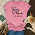 Pink t-shirt with a dog wearing an American flag bandana, "250 Years" text.