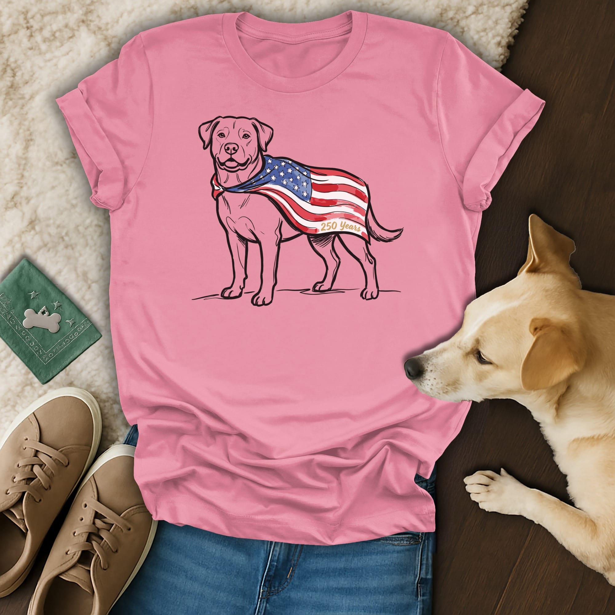 Pink t-shirt with a dog wearing an American flag bandana, "250 Years" text.