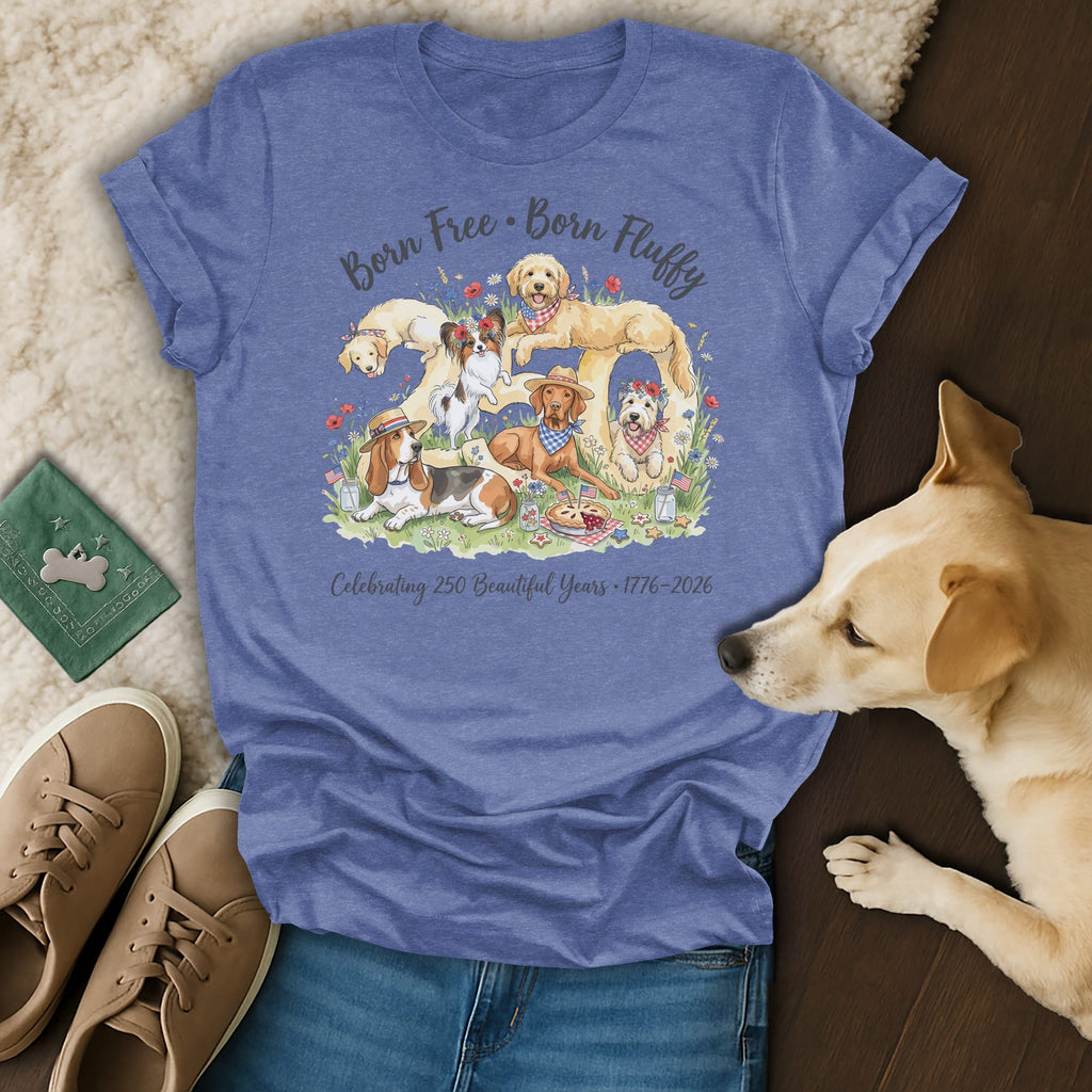 Blue t-shirt with dogs and flowers, "Born Free, Born Fluffy" text.
