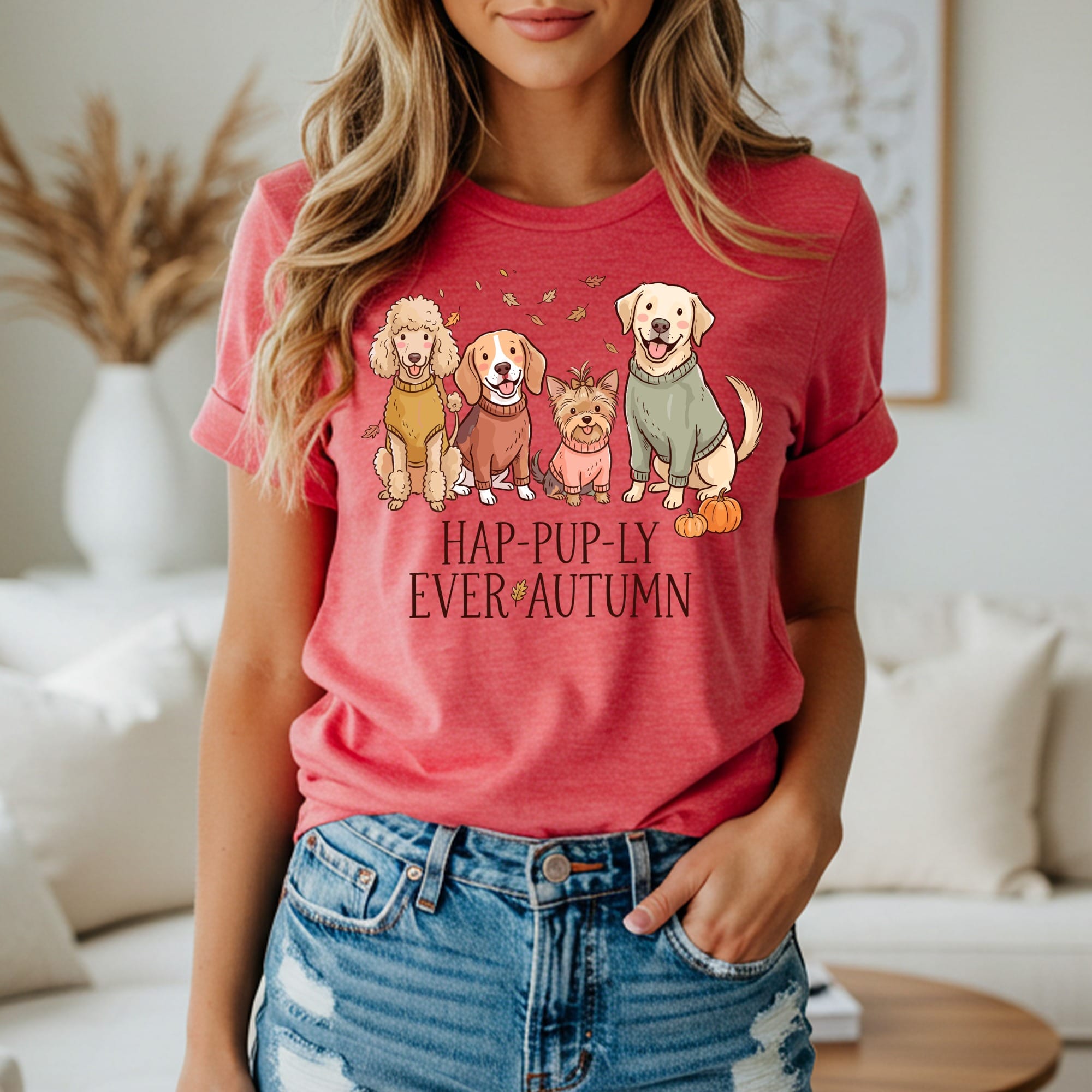Four dogs in sweaters with text "HAP-PUP-LY EVER AUTUMN" and pumpkins.