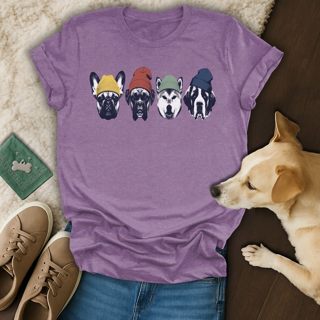 Four dogs wearing colorful beanies, laid out on a wooden surface.