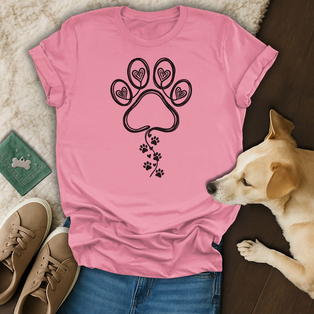 Pink t-shirt with black paw print heart design and dog beside it.