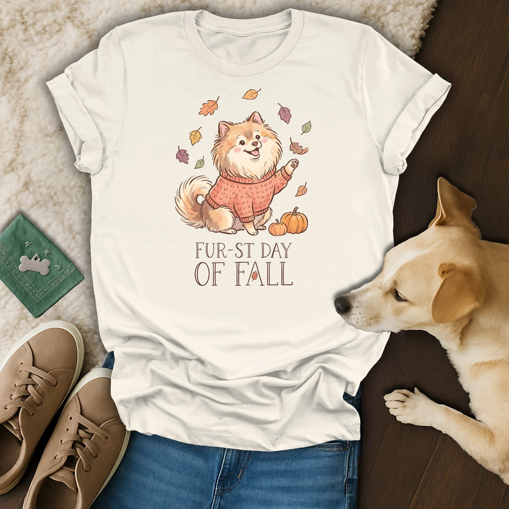 Cream t-shirt with animated dog graphic and text "Fur-st Day of Fall."