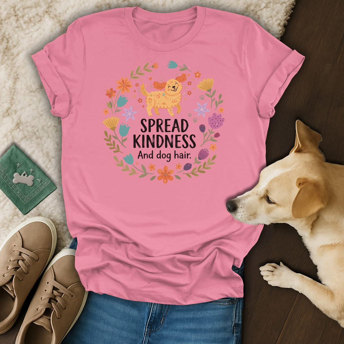 Pink t-shirt with a golden retriever graphic and "SPREAD KINDNESS And dog hair." text.