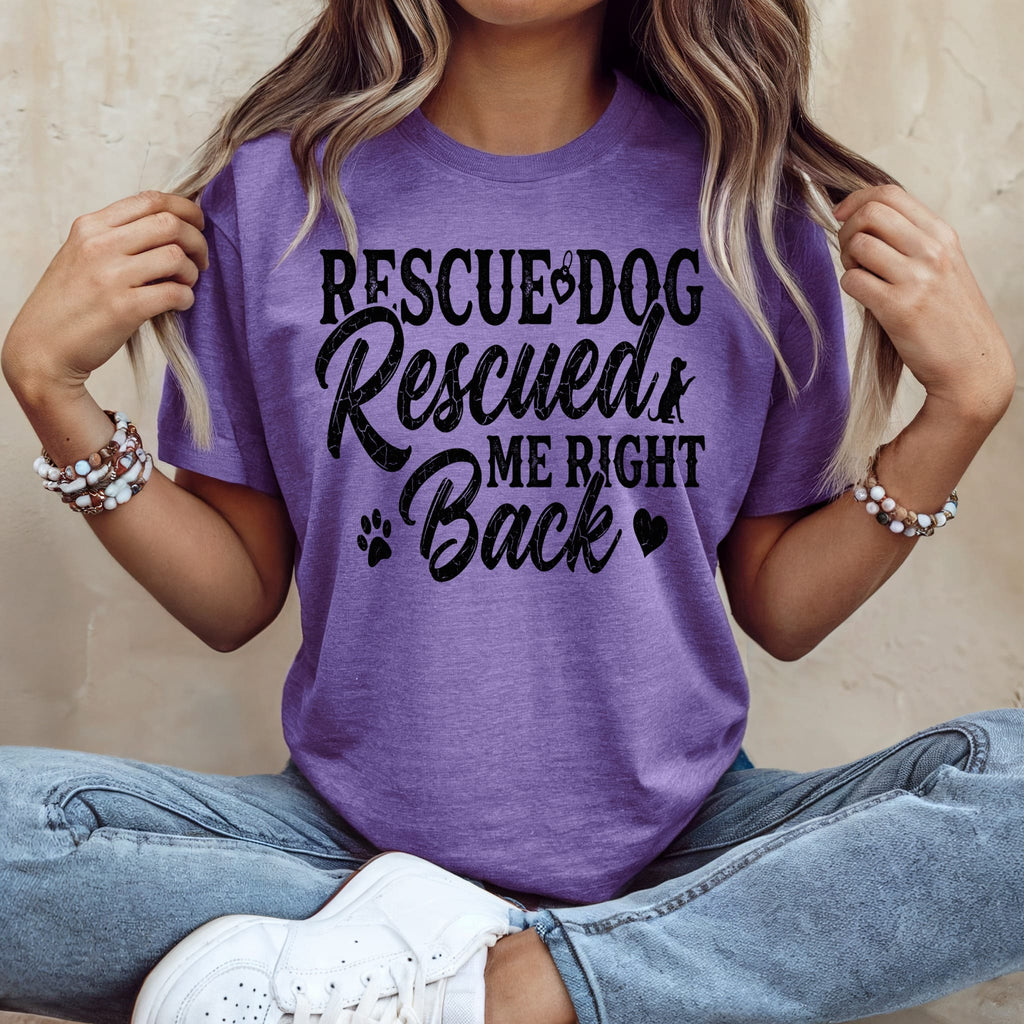 Purple t-shirt with "Rescue Dog Rescue Me Right Back" text and paw print.