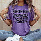 Purple t-shirt with "Rescue Dog Rescue Me Right Back" text and paw print.