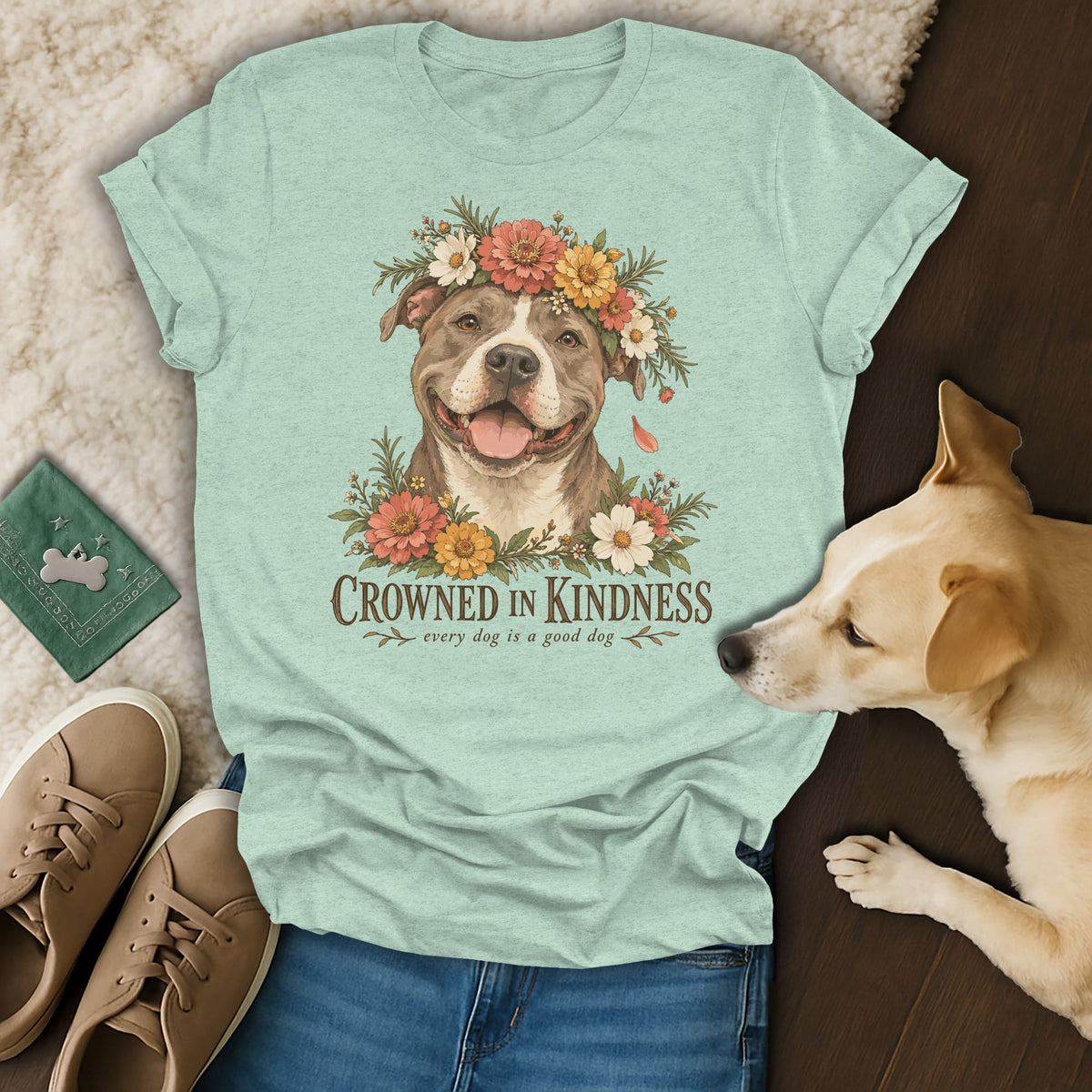 Mint green t-shirt featuring a pit bull illustration with a floral crown and the text Crowned in Kindness.