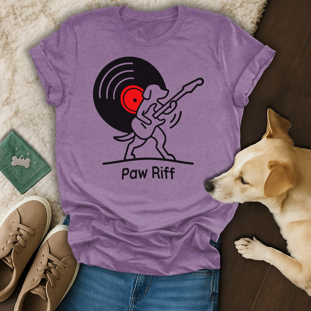 T-shirt with a dog playing guitar on a record, reads "Paw Riff."