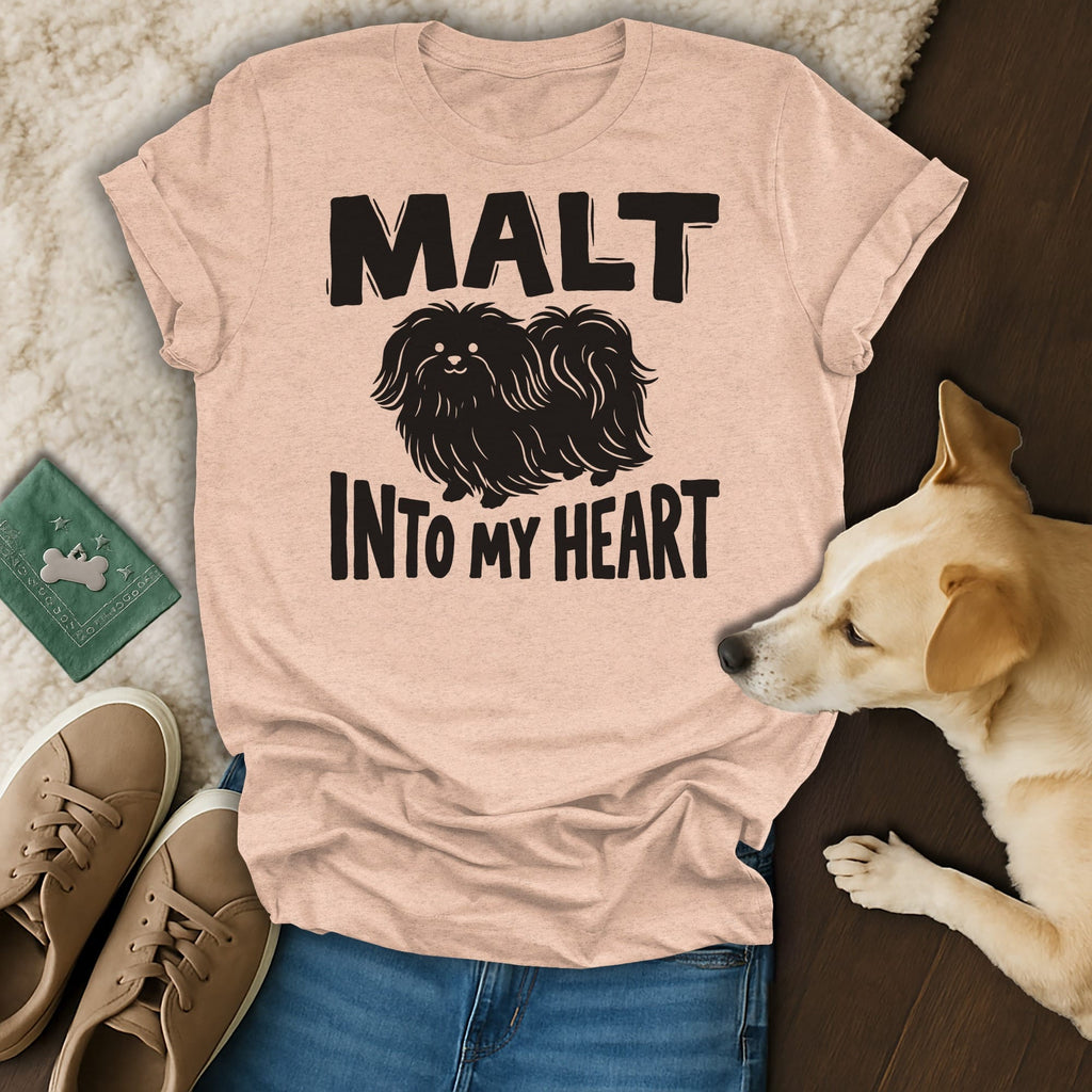 Peach t-shirt with "MALT INTO MY HEART" and dog graphic.