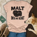 Peach t-shirt with "MALT INTO MY HEART" and dog graphic.