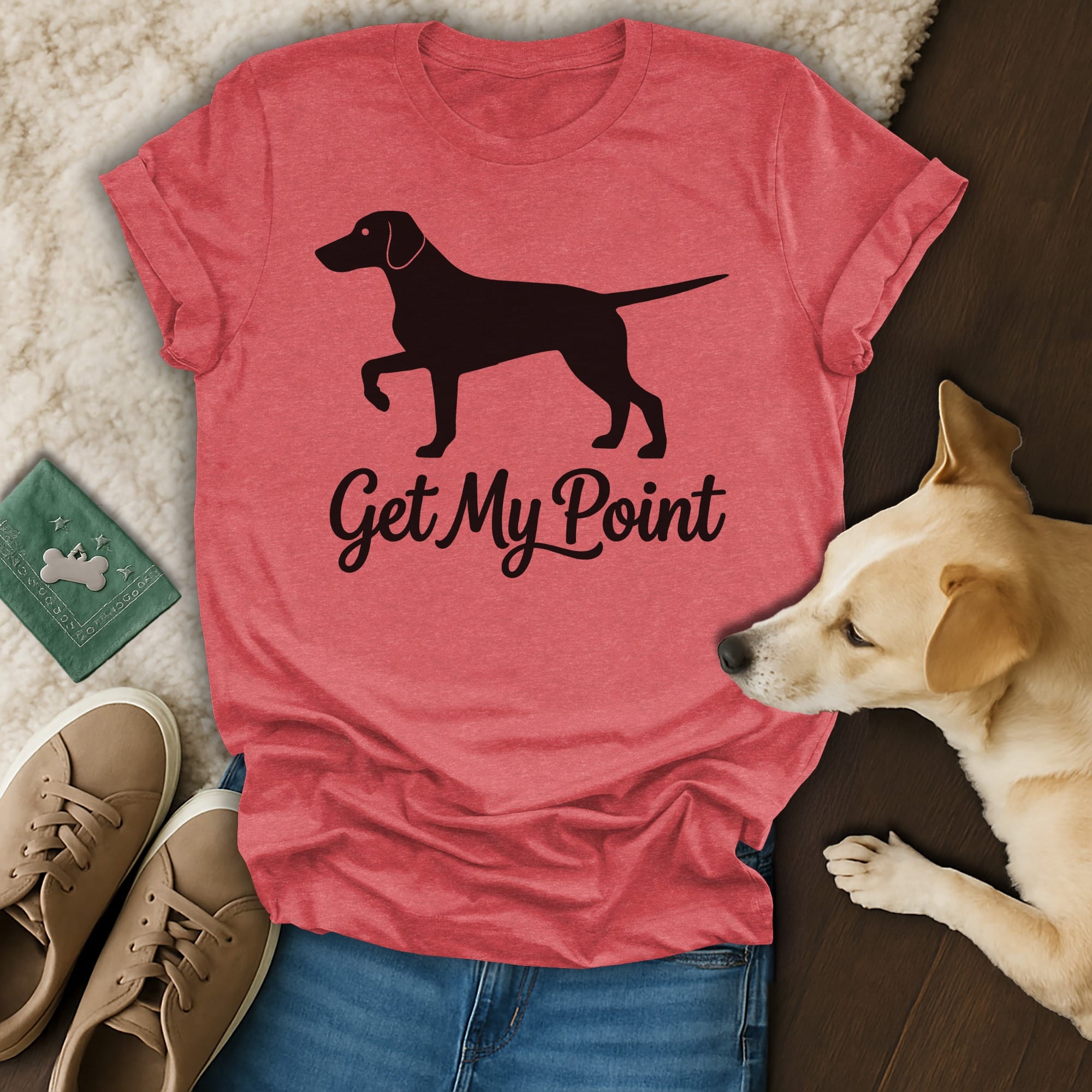 Red t-shirt with black dog silhouette and "Get My Point" text.