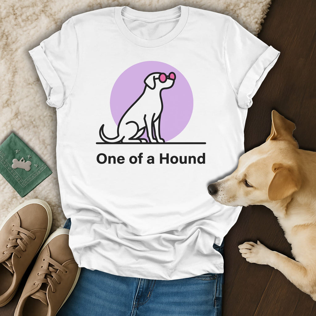 White t-shirt with a dog wearing pink sunglasses and text "One of a Hound".