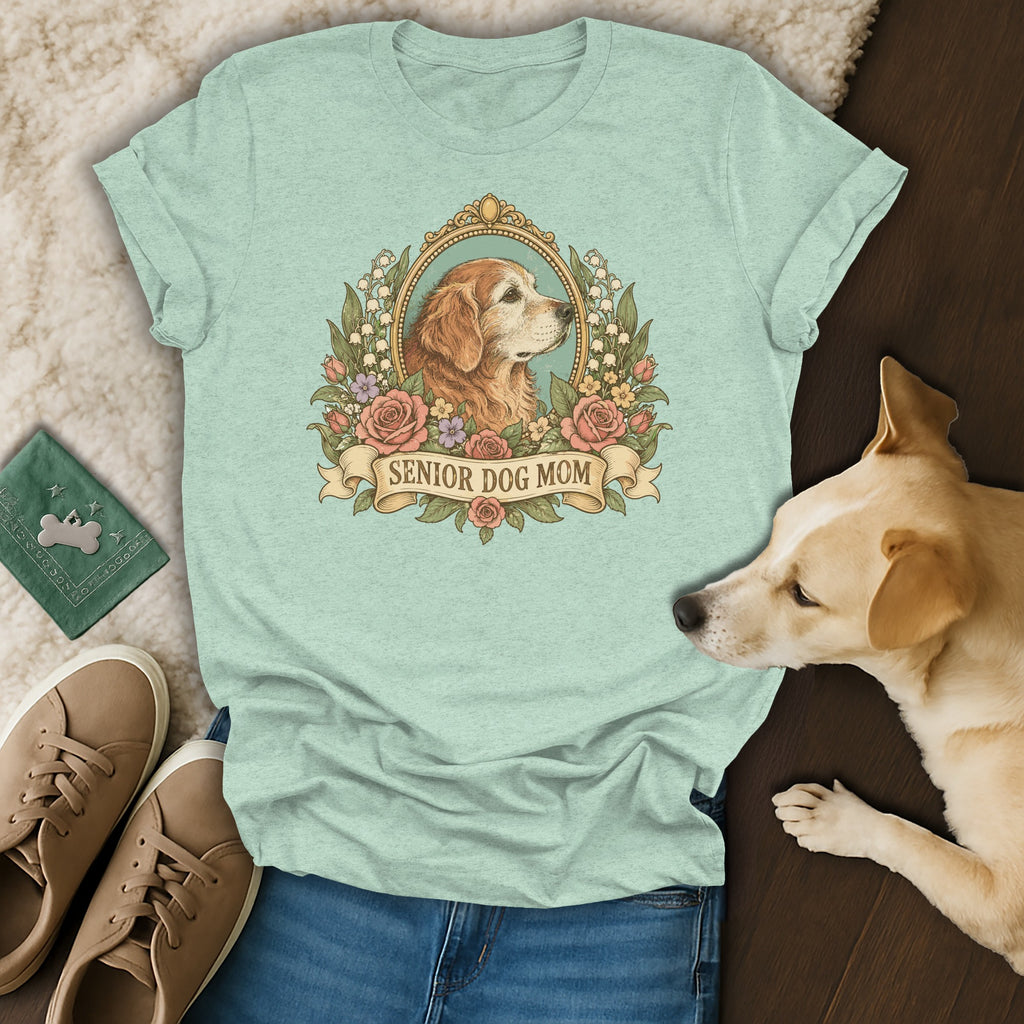 A mint green t-shirt with a vintage-style graphic of a dog inside a floral frame, reading Senior Dog Mom.