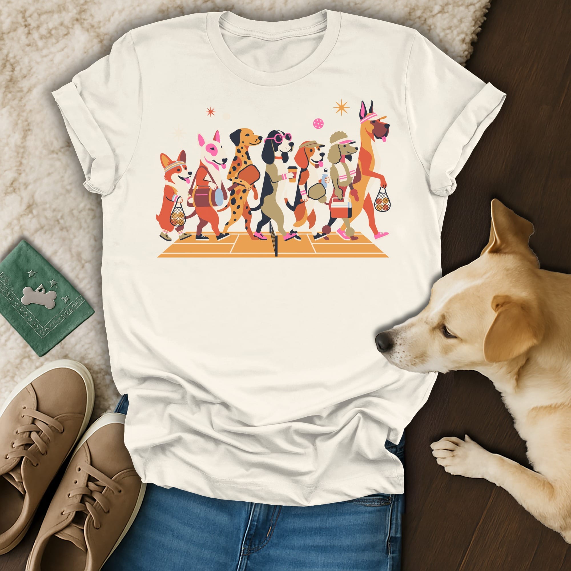 White t-shirt with colorful cartoon dogs walking across a court.