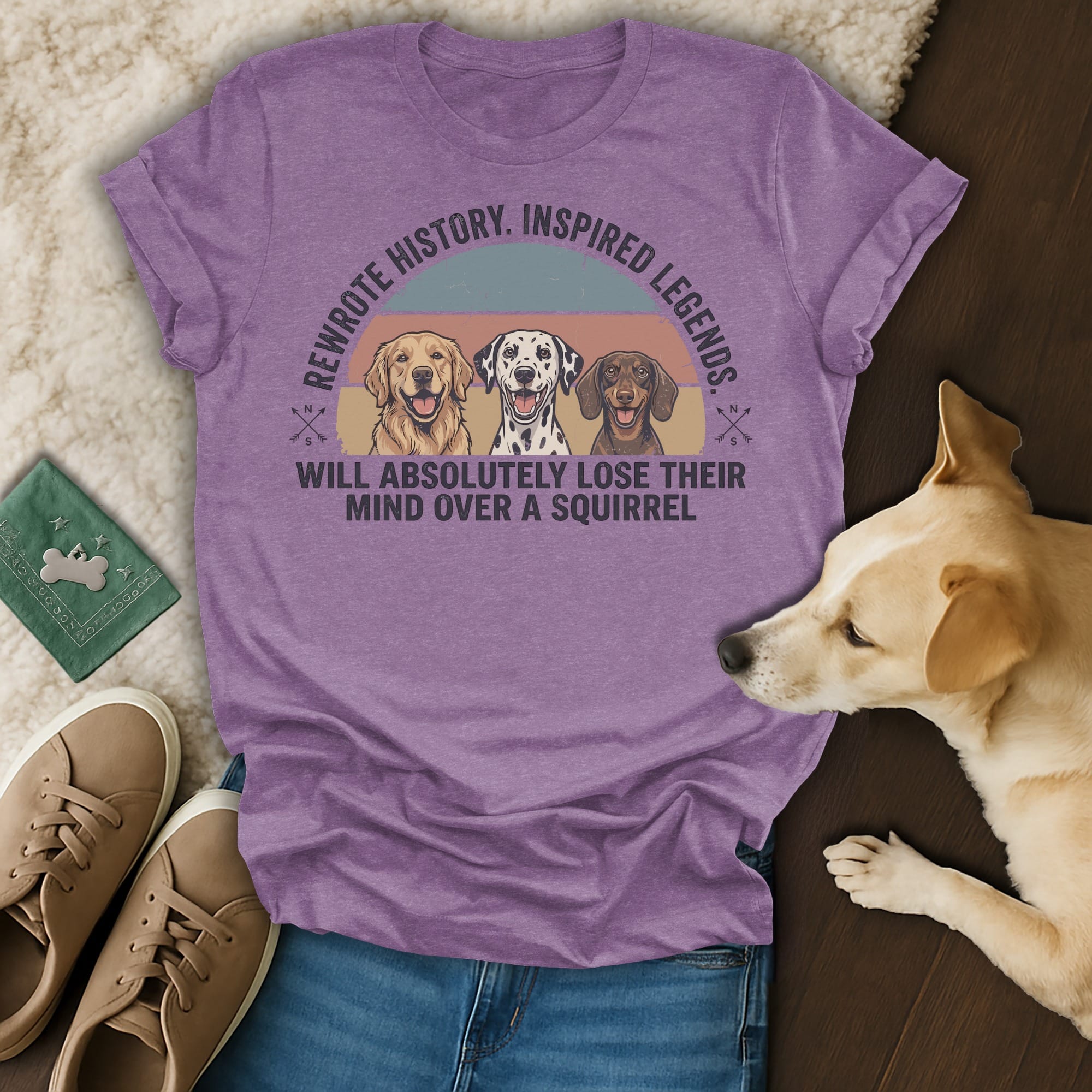 T-shirt with dogs and text about squirrels.