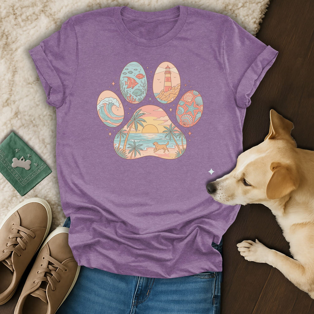 Purple t-shirt with paw print graphic featuring beach, ocean, and lighthouse scenes.