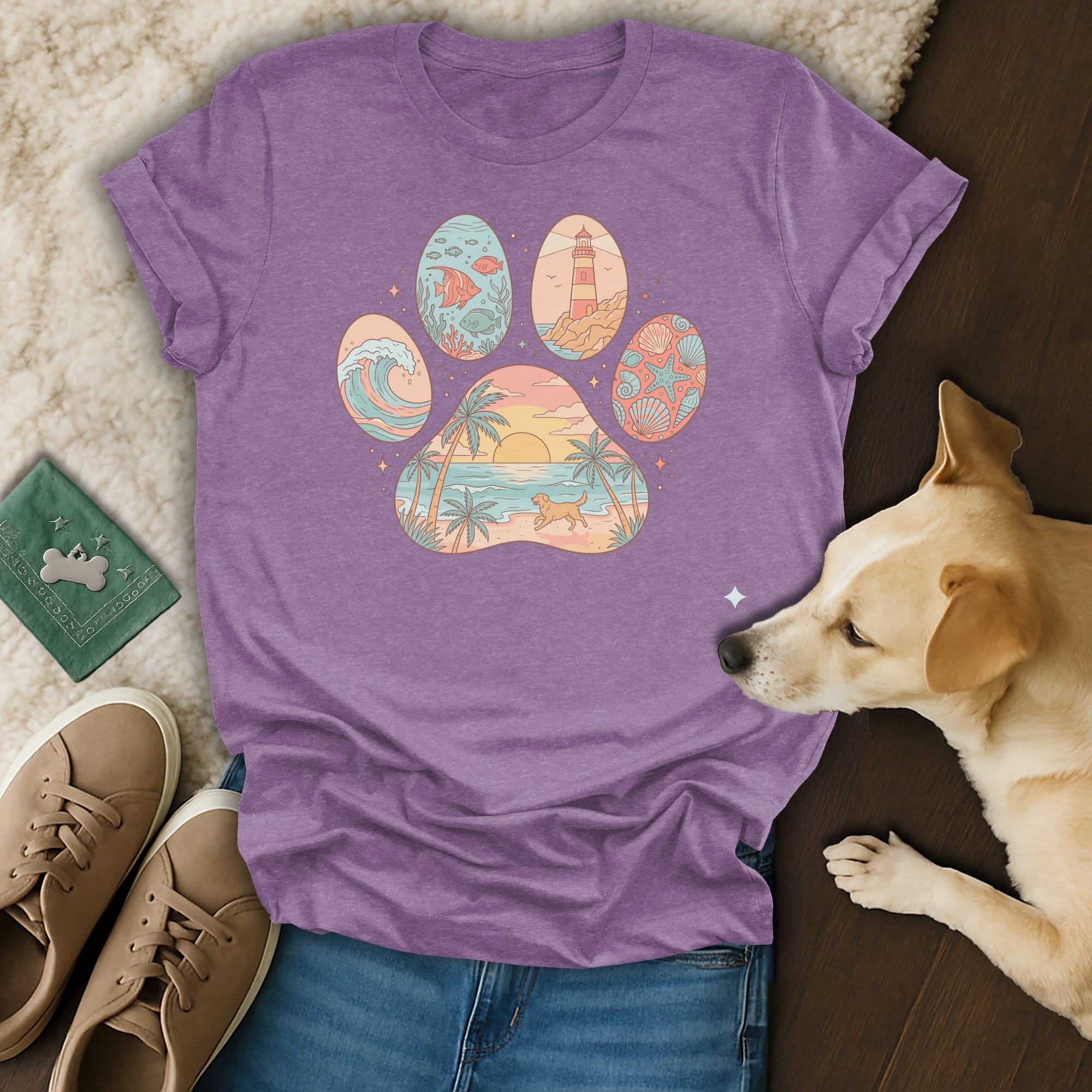 Purple t-shirt with paw print graphic featuring beach, ocean, and lighthouse scenes.