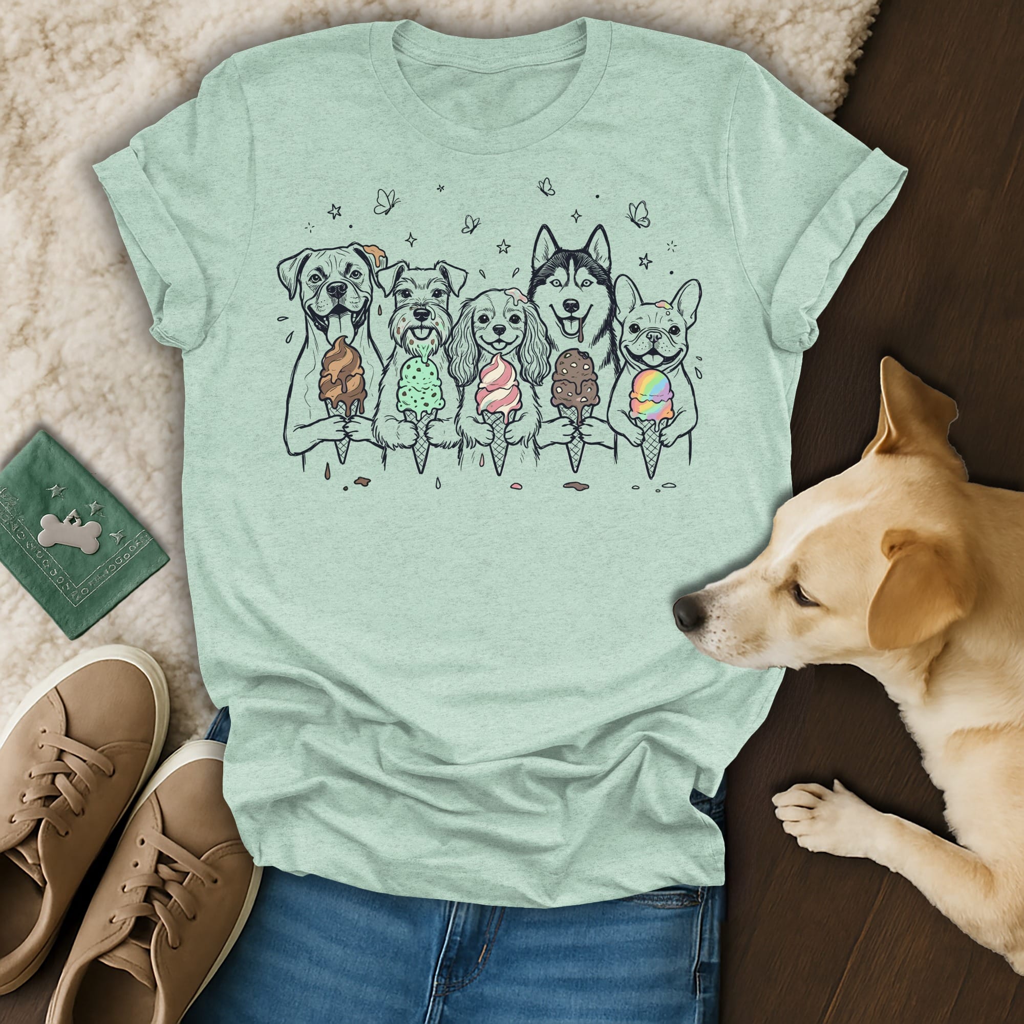 Line drawing of five dogs holding ice cream cones on a t-shirt.