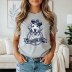 Grey t-shirt with a golden retriever wearing a captain's hat and "My Boating Shirt" text.