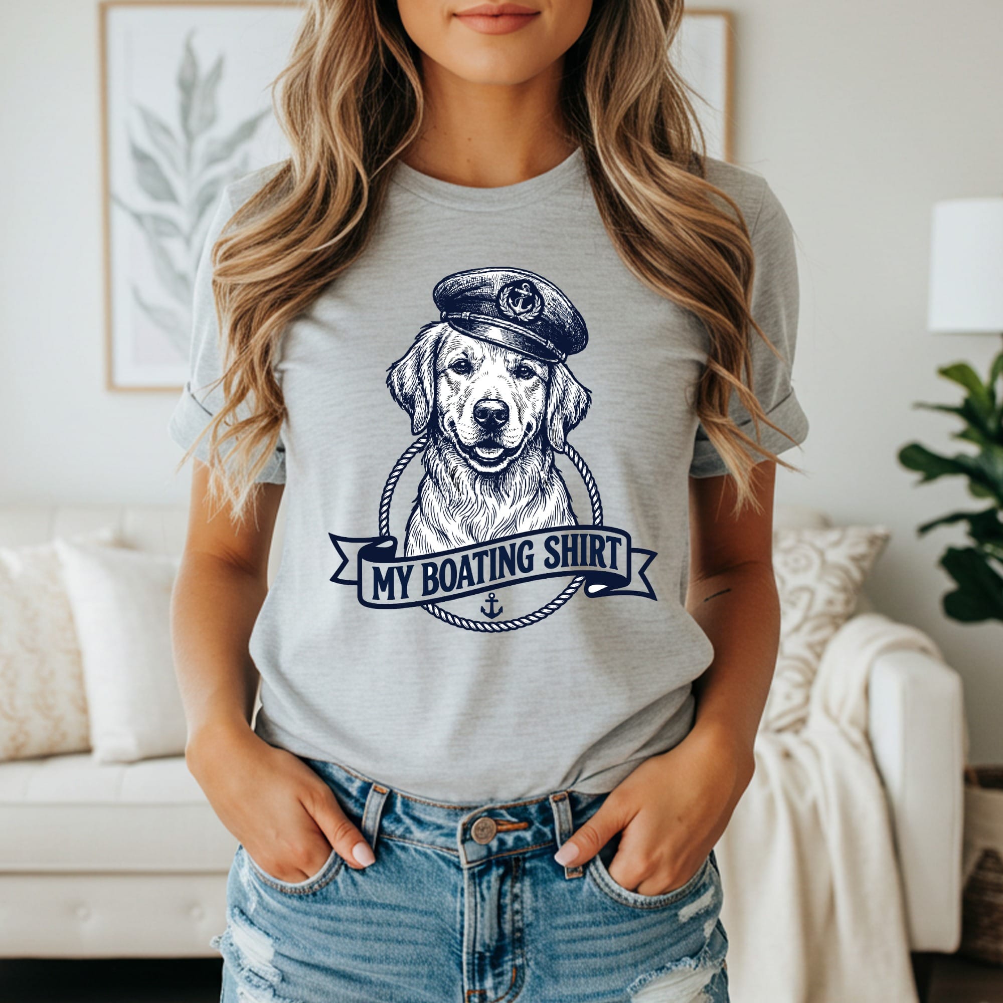 Grey t-shirt with a golden retriever wearing a captain's hat and "My Boating Shirt" text.