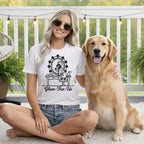 Woman wearing white t-shirt with "Glam-Fur-Us" text and golden retriever dog.