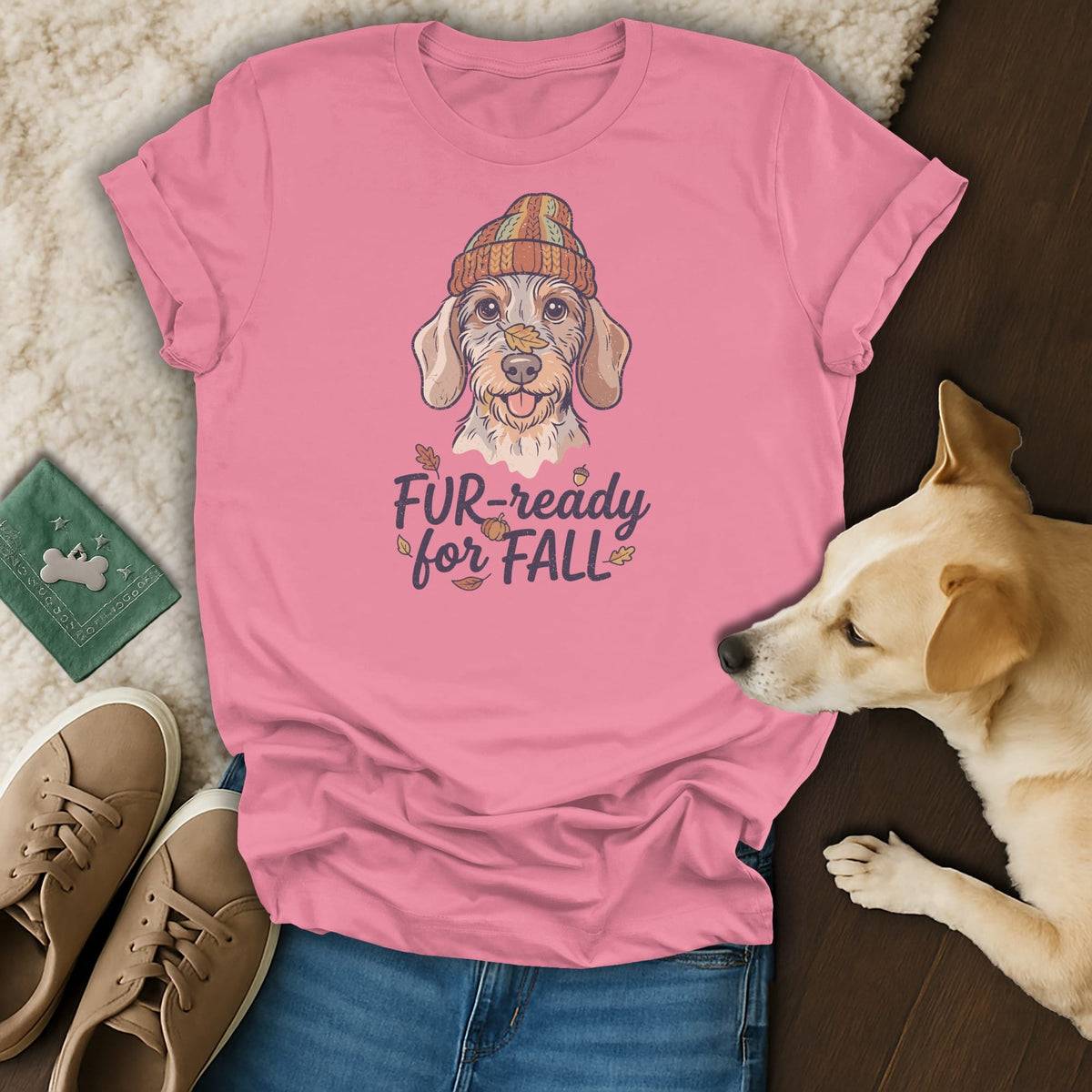 Pink t-shirt with dachshund graphic and text "FUR-ready for FALL".