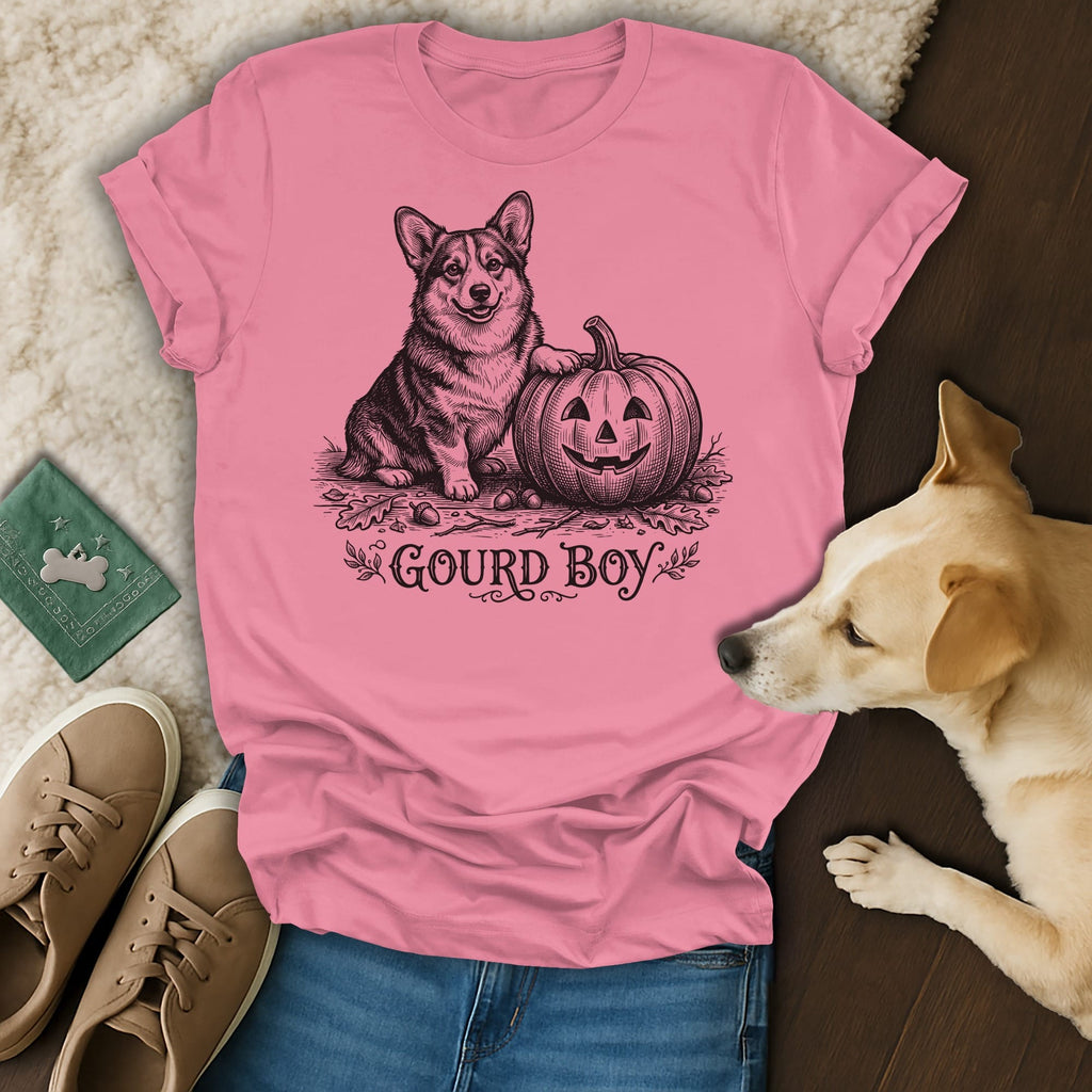 Pink t-shirt with a corgi dog and jack-o'-lantern graphic, text "Gourd Boy".