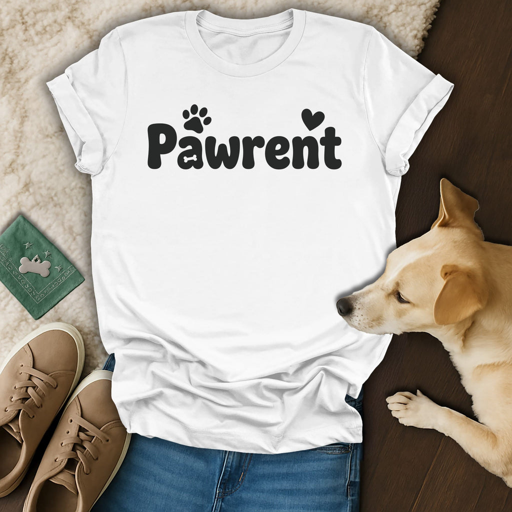 White t-shirt with "Pawrent" text, paw print, and heart graphic.