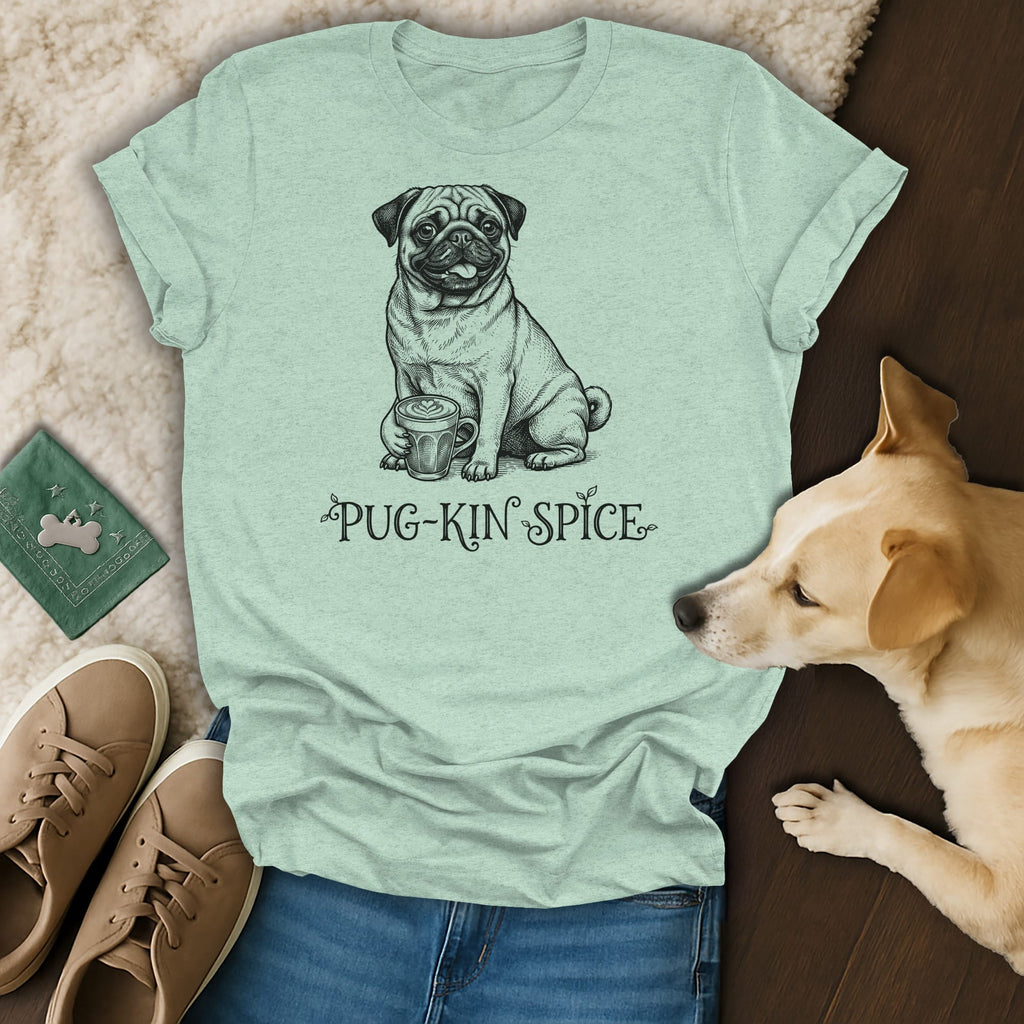 Light blue t-shirt with pug holding a mug and text "PUG-KIN SPICE".