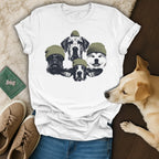 Five dogs wearing green beanies on a white t-shirt.