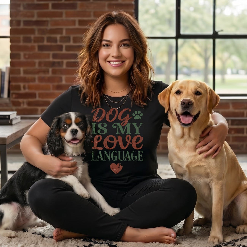 Woman in "Dog is My Love Language" shirt holding two dogs.
