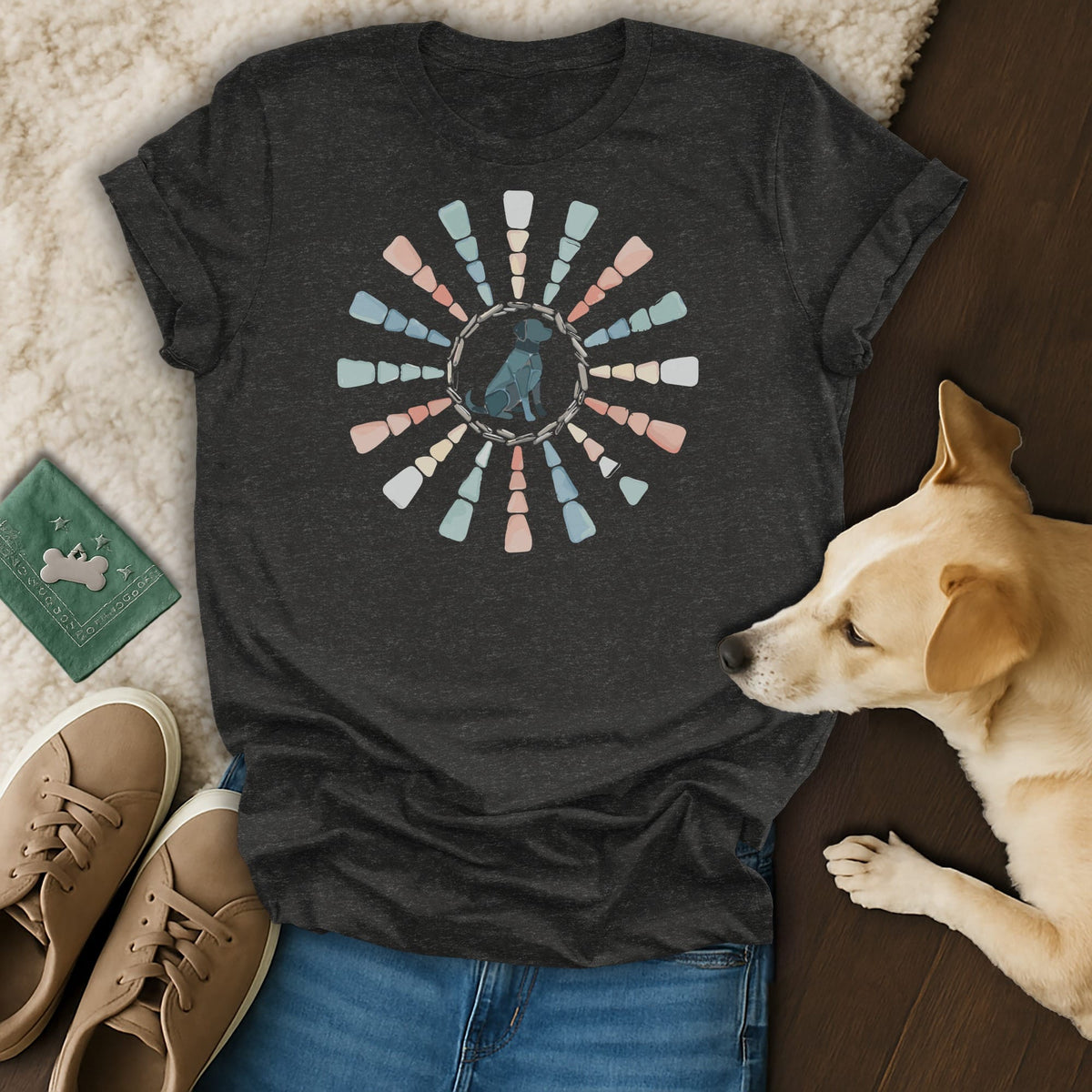 Dark grey t-shirt with a distressed sunburst design featuring a seated dog silhouette.